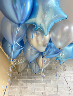 Шары хром синий, серебро, металлик голубой, конфетти, звёзды 13 шт под потолок