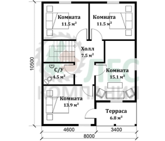 Полутораэтажный дом из бруса 8x10,5 с кукушкой, террасой, эркером и балконом