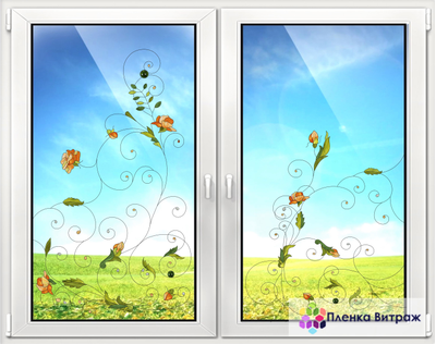 Витражная пленка, витражная пленка самоклеющаяся под заказ,пленочный витраж с желтыми цветами
