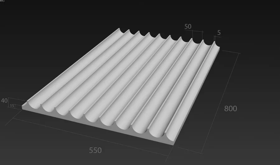 Визуализация панели для санузла (канеллюры). Панели для одного из санузлов (каннелюры) должны были быть влагостойкие и иметь повышенную прочность, ну и конечно же точную геометрию, для более простого монтажа панели были спроектированы размером 800*550 мм.
