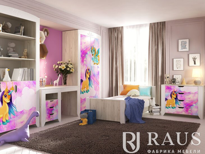 Детская БУКВА - Шкаф многофункциональный / Дуб Крафт Белый / фотопечать Пони