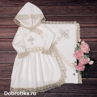 Крестильное платье с капюшоном и запахом "Нарядница": 100% хлопок (премиум-сатин),  кружево нежного бежевого оттенка, размеры на 62, 68, 74, 80, 86, 92 рост ( в см.),  можно вышить любое имя