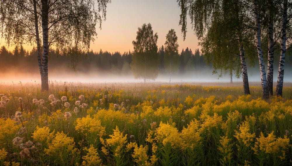 Пейзаж с цветущими лекарственными травами в лучах утреннего солнца.