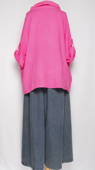 БЛУЗА ЛЁН КИМОНО "ХОМУТ КУЛИСКА"  фуксия до р.56