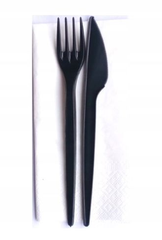 Набор одноразовой посуды Черная вилка, черный нож, салфетка 250 штук в упаковке