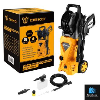Мойка высокого давления DEKO DKCW150 PRO Мощность (кВт):1.8Возможность забора воды из бочки:да Производительность:360 л/чМах рабочее давление: 150 бар Длина шланга:5 м Материал помпы:алюминий