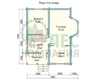 Полутораэтажный дом из бруса 7x7,5 с эркером и террасой