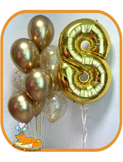 Воздушные шары с гелием хромовые золотые с цифрой и конфетти