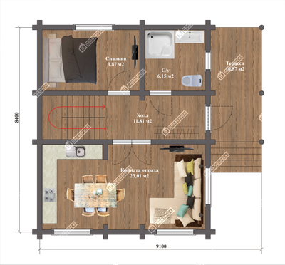 Дом из оцилиндрованного бревна Надежда, площадью 108 м2