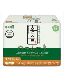 Ежедневные гигиенические прокладки «Yejimiin Cotton Touch Mild Herb» премиум класса с усиленным впитывающим слоем, поверхностью из хлопка и натуральными экстрактами трав, 17, 5 см*20 шт