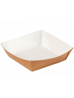 Лоток квадратный для фаст-фуда (крафт/белый), 139*139*42