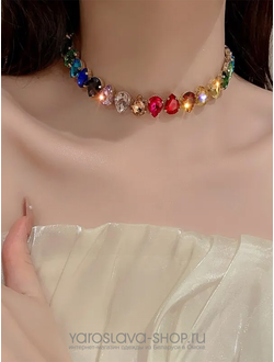 Модель : АЛ-352.Ожерелье-Чокер с красочными кристаллами в форме капли.