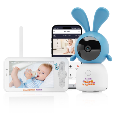 Комплект Ramili Baby RV100KROSH Крошик, Малышарики, Wi-Fi моторизированная видеоняня с креплением + монитор с диагональю 12,7 см., интерком, DVR, 2k (3Mpx)