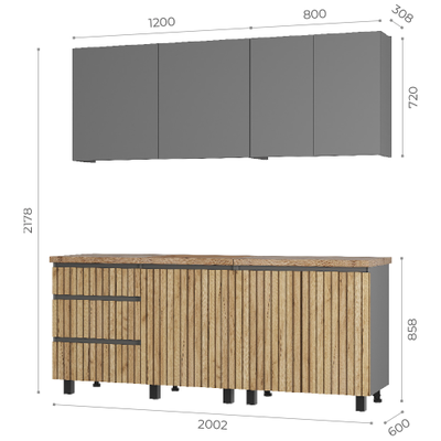 Кухня Шерлок 2,0м (лдсп) (1200, 800) (Графит/Крафт), Столешница кусочками 1200; 800 мм, толщина 38 мм, цвет дуб кера