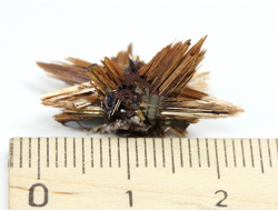 Редкость! Рутил свободного роста, сростки "звезды" золотистых игольчатых кристаллов на кристаллах гематита, Бразилия (24*17*15 мм, 1,4 г) №37918