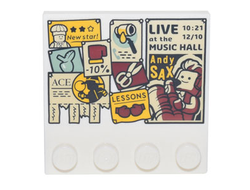 Tile, Modified 4 x 4 with Studs on Edge with Bulletin Board with Posters, Advertisements with Pull Strips, Coupons, 'Andy Sax', 'Lessons', 'Ace' Pattern, White (6179pb214 / 6366170)