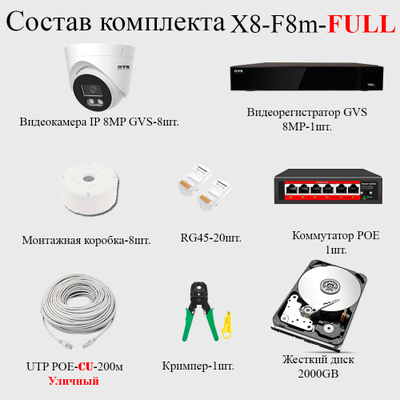 GVS комплект видеонаблюдения GVS-X8-F8m-full, 8MP, расширение 3840x2160