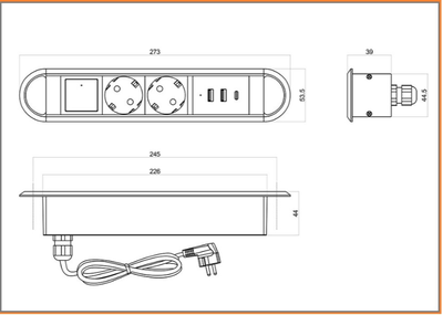 Блок розеток OPTIMA 2 х SCHUKO, 250В 10А, 2 х USB A + USB C 5В, 3А