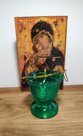 Лампадка в сборе (стаканчик, поплавок, фитиль, паучок для ладана) - Зелёная