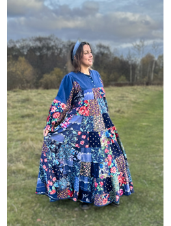 Лоскутное платье в русском стиле "Вечерний Звон" синий
