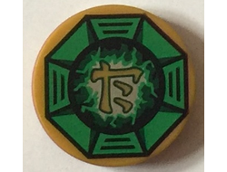 Tile, Round 2 x 2 with Bottom Stud Holder with Airjitzu Lightning Symbol in Green Octagon Pattern, Pearl Gold (14769pb143 / 6155876)