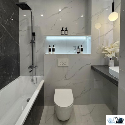 Керамогранит Van Hong Ceramic Carrara Classic 60х60. Интерьер ванной комнаты с черным керамогранитом