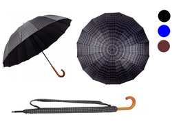 Зонт-трость в клетку с деревянной ручкой DINIYA полуавтомат, 16 спиц, Цвет: Черный, Синий, Коричневый