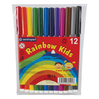 Фломастеры 12 ЦВЕТОВ CENTROPEN "Rainbow Kids", трехгранные, смываемые, вентилируемый колпачок, 7550/12ET, 7 7550 1202, 10 наборов