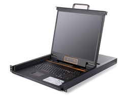Выдвижная LCD KVM over IP консоль Kinan 19", PS/2+USB, Клавиатура Ultra-Slim, Тачпад, TFT-дисплей, 16 портов, каскадное подключение до 512 устройств, разрешение до 1280x1024 75Hz, удаленно 1440x1050 60Hz, OSD, с удаленным доступом через интернет (XL1916i)