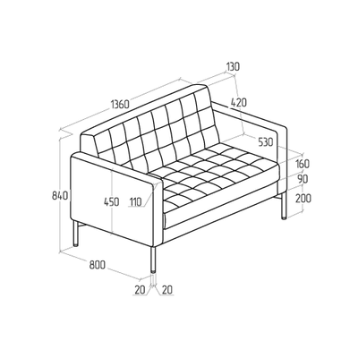 Диван Everprof Delta двухместный Металл Черный Экокожа Черный
