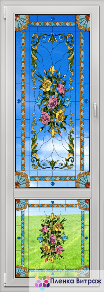 Витражная пленка с розами для окна и дверей.витражная пленкасамоклеющаяся,пленочный витраж с цветами