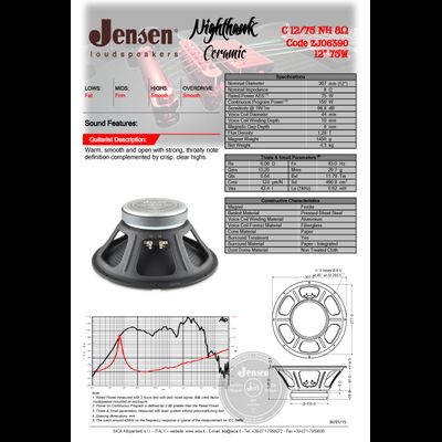Jensen C 12/75 NH - динамик гитарного кабинета (8 Ом)