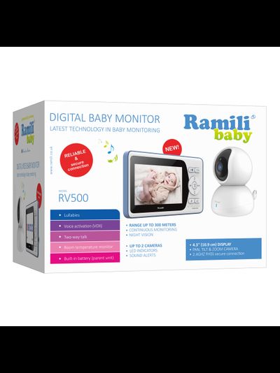 Видеоняня Ramili Baby RV500 с экраном 10,9 см и одной поворотной видеокамерой (встроенные аккумуляторы в монитор в идеокамеру)