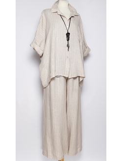 Костюм блузон и брюки лён "ПОЛОСКА" св.бежевый, молочный, голубой р.48-54