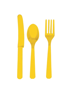 Многоразовые приборы (ножи, вилки, ложки), набор 24 шт., пластик, желтый цвет, 1502-1084