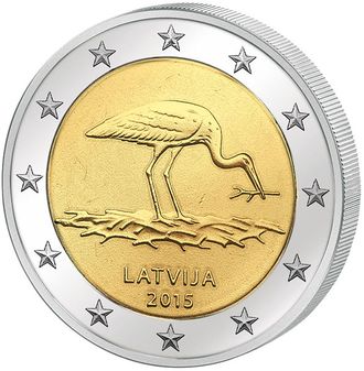 2 евро Черный Аист. Латвия, 2015 год