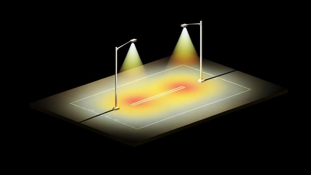 Трехмерная модель светового распределения между двумя опорами освещения.