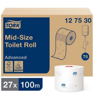 Бумага туалетная для диспенсера Tork Mid-size Т6 Advanced 2сл бел 100м 27рул 127530