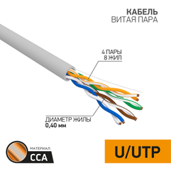 Кабель PROconnect LIGHT UTP 4PR 26AWG, CCA, CAT5, PVC серый,  (305 м)
