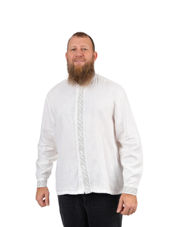 Деловая сорочка "Здрава" белый лён/серая вышивка