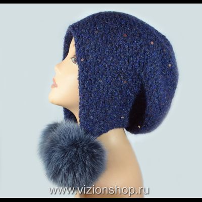 Меланжевая шапка  ушанка вязаная синяя с помпонами Италия Vizio 6444 фото
