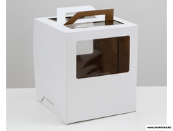 Коробка для торта 2 окна, с ручками, белая, 26 х 26 х 30 см
