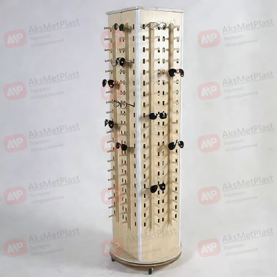 YM8152 Стойка напольная вращающаяся для очков, деревянная, на колесах, 200 мест