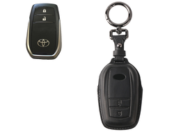 Чёрный чехол для ключа Toyota LC 200, 300, Hilux (2 кнопки) из натуральной кожи