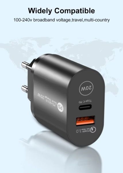 PD+QC3.0 Quick charger 20W Блок питания 2 порта USB-typoC и USB-A, 5V/2А (черный)