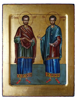 Косьма и Дамиан, Святые мученики, бессеребренники. Рукописная икона "под старину".