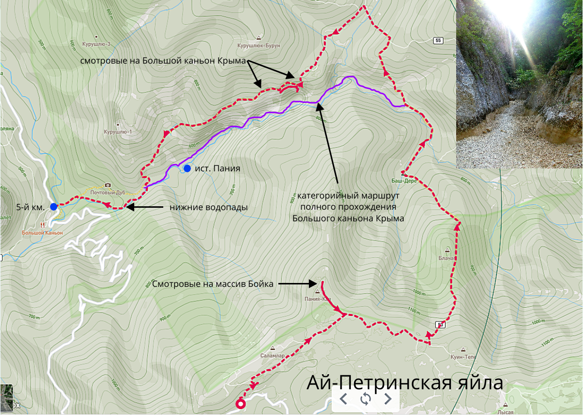 Карта маршрута туристического похода на 2 дня в Большой Каньон Крыма