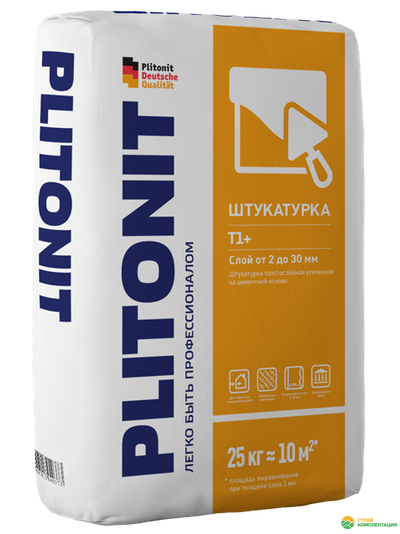 Штукатурка цементная Плитонит Т1+ с армирующими волокнами, 25кг