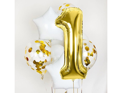 "Золото"(комплект включает одну цифру любого числового диапазона, две звезды, три шара с конфетти и два обычных латексных шара).