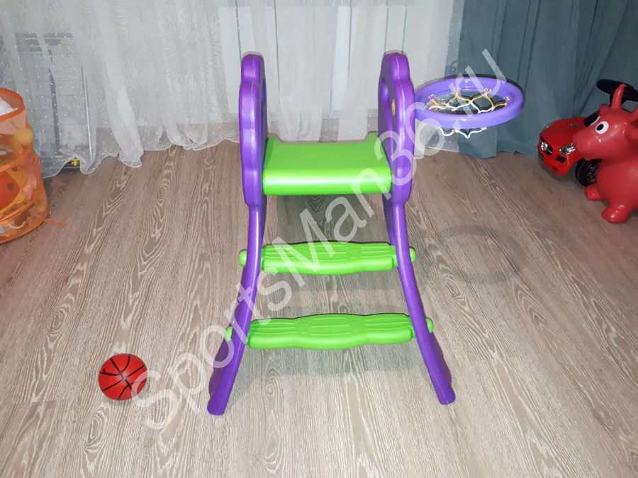 ДЕТСКАЯ ГОРКА "ДУБОК" PS-0291: пластиковая горка, лесенка, баскетбольное кольцо, мячик, вид сзади